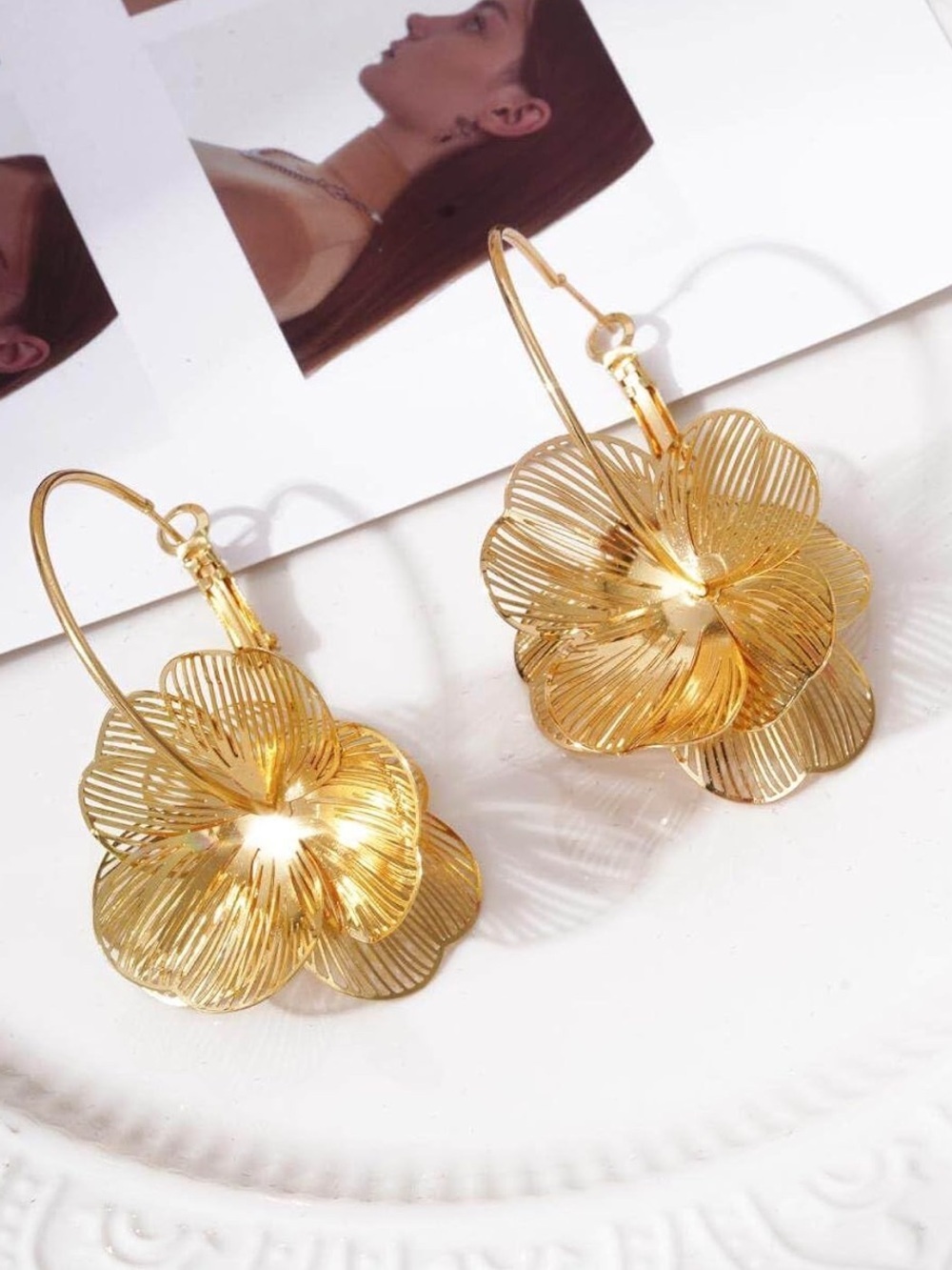 Anthropologie Gold Filigree Floral Hoop Earrings
